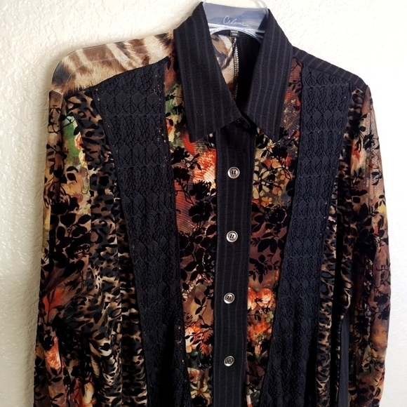 Calessa color block button down velour blouse sz L - Picture 8 of 9